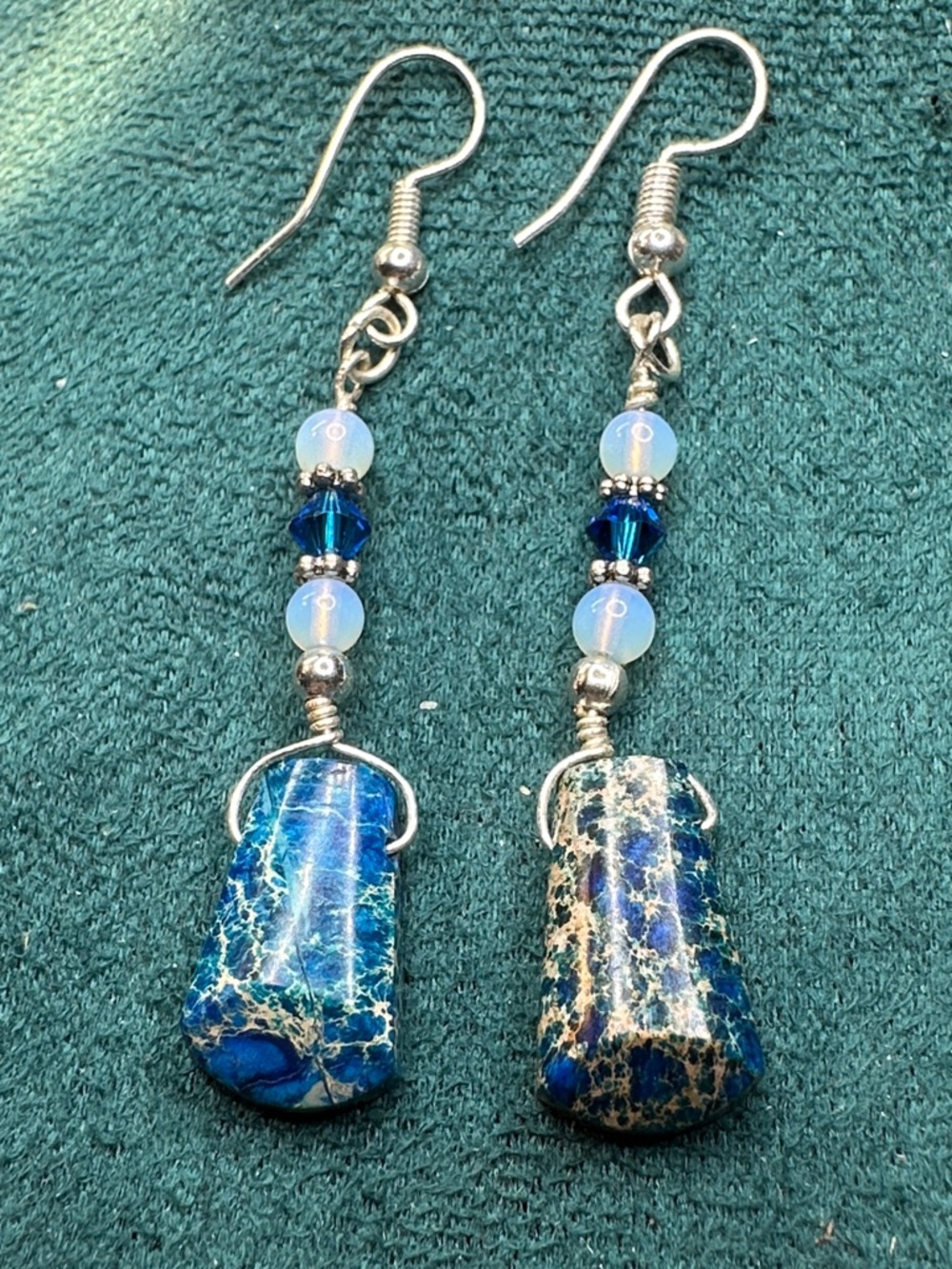 Blue Sea Sediment Jasper Drop Earrings with Opalite And Crystal Beads